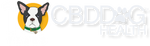 A stylized logo on a white background featuring a black-and-white dog head illustration with pink ears and a green collar inside a yellow circle, alongside the text 'CBD DOG HEALTH' in large white letters with a paw-print motif.