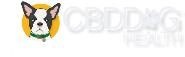 A stylized logo on a white background featuring a black-and-white dog head illustration with pink ears and a green collar inside a yellow circle, alongside the text 'CBD DOG HEALTH' in large white letters with a paw-print motif.