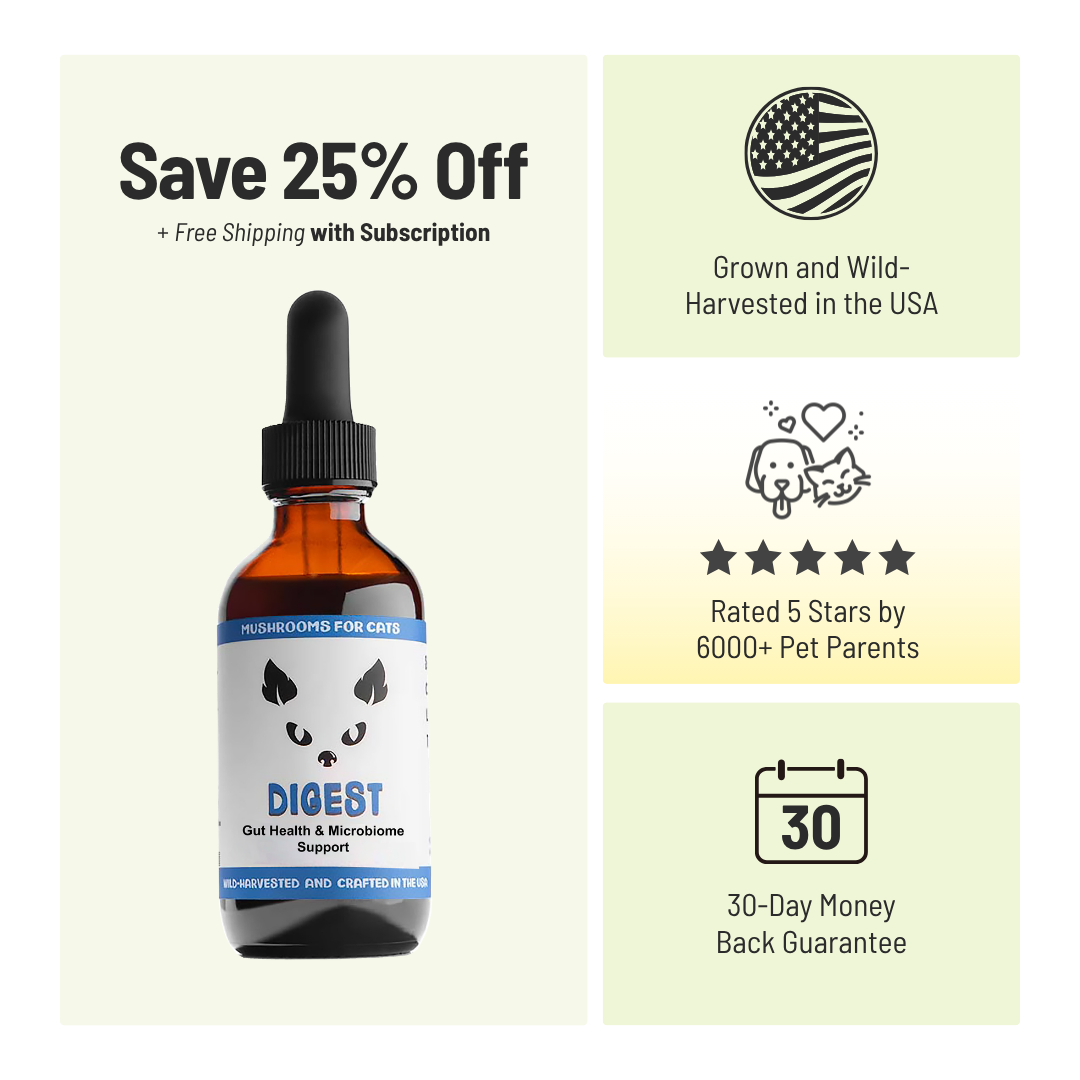 An amber glass dropper bottle labeled DIGEST by Mushrooms for Pets, shown on a light beige promotional graphic with benefit callouts: 'Save 25% Off + Free Shipping with Subscription,' 'Grown and Wild-Harvested in the USA,' 'Rated 5 Stars by 6000+ Pet Parents,' and '30-Day Money Back Guarantee.'.