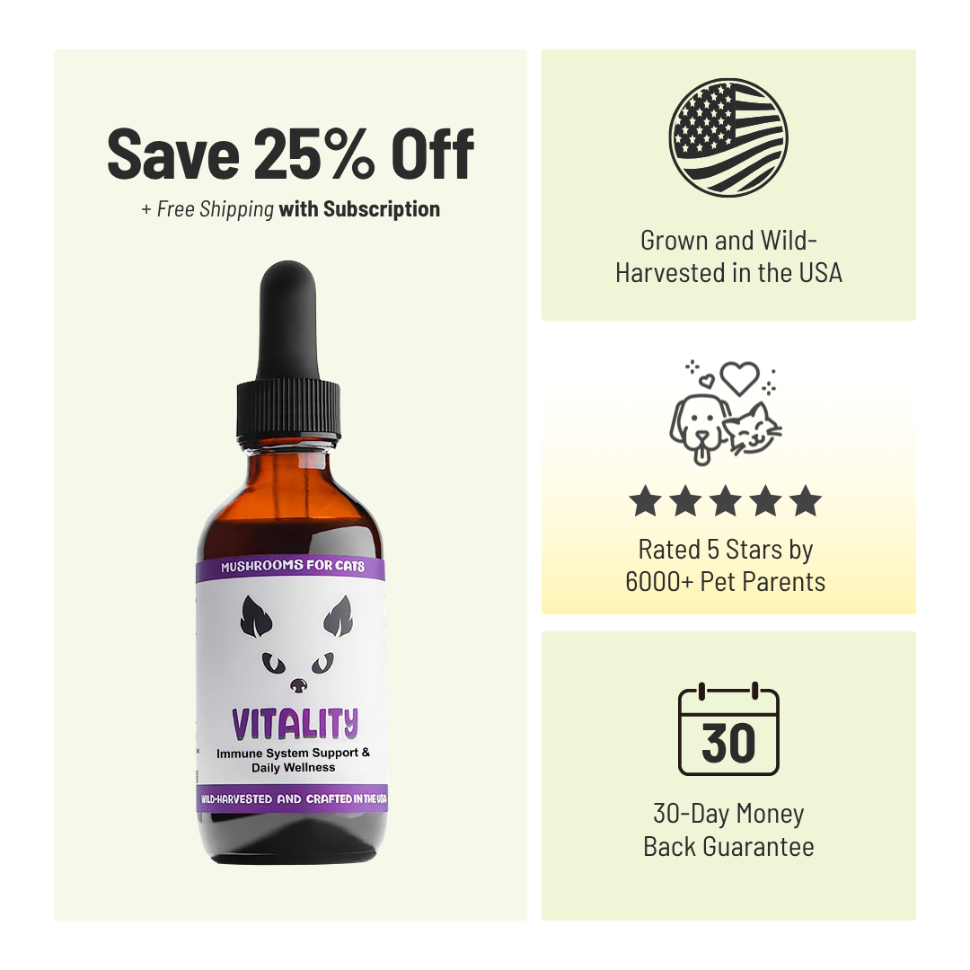The left panel shows a brown glass bottle with a black dropper cap and a MycoCat label reading 'VITALITY' alongside promotional text and feature callouts including 'Save 25% Off', 'Grown and Wild-Harvested in the USA', 'Rated 5 Stars by 6000+ Pet Parents', and '30-Day Money Back Guarantee'.