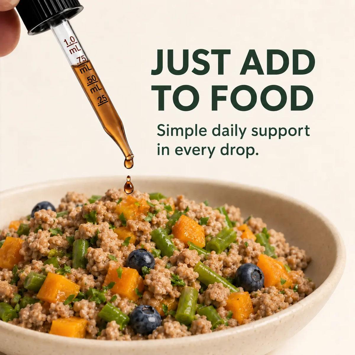 A close-up of a hand holding a glass dropper above a bowl of prepared food, with text reading 'JUST ADD TO FOOD' and 'Simple daily support in every drop.' The dropper contains the MycoDog tincture, and the bowl contains a mixture with visible blueberries, green beans, carrots and real food.