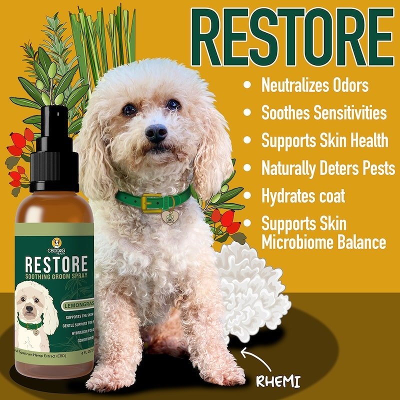 Restore CBD groom spray for dogs pets benefits itchy stinky deodorizing grooming spray